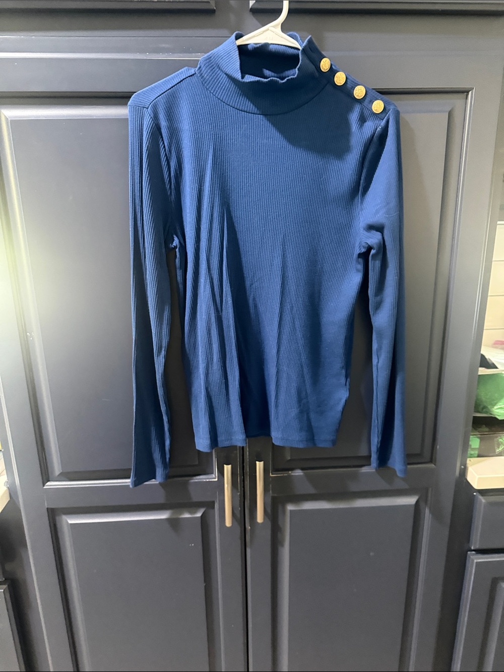 J. Crew Vintage Rib Turtleneck Buttons Shoulder Gold Navy Blue Medium